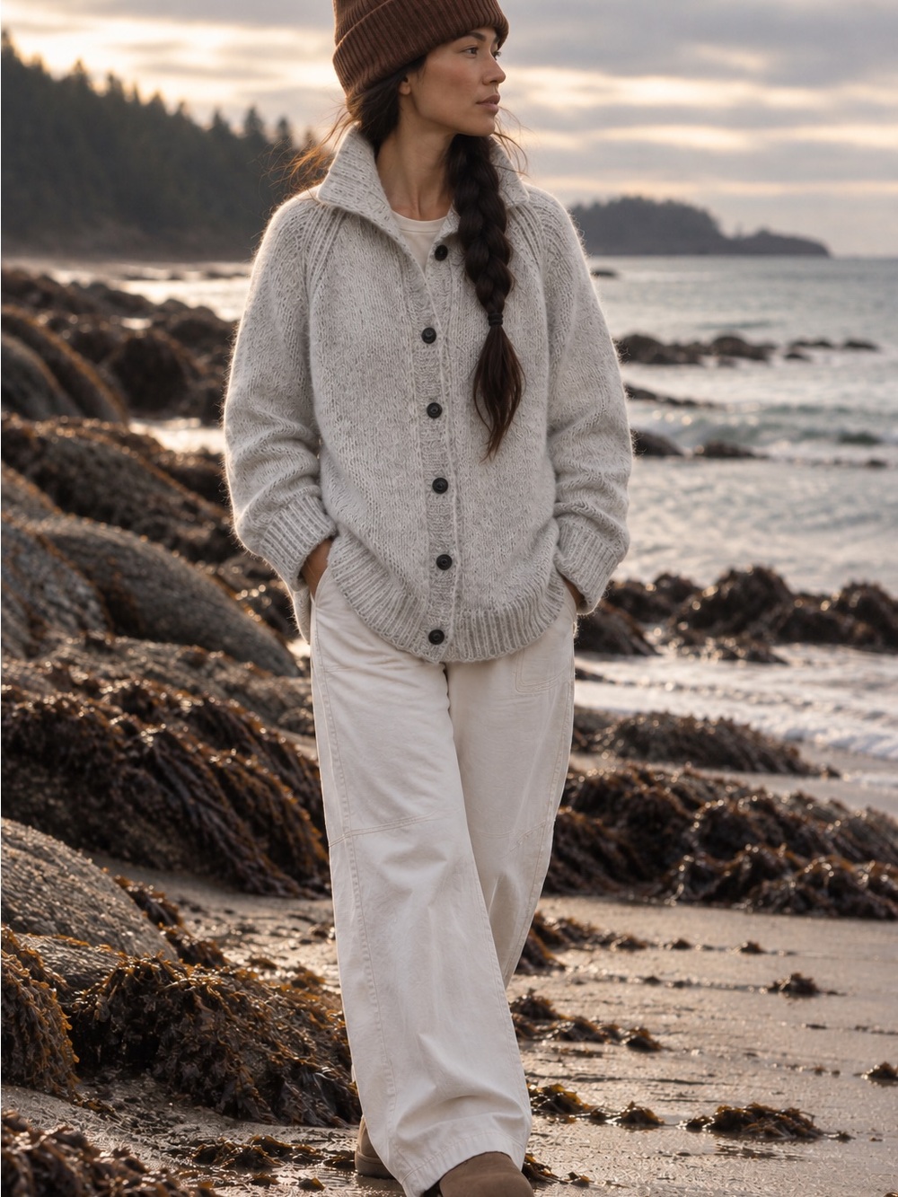 Hand Knit Wool Cardigan | Oatmeal Grey Heritage Knit - medium